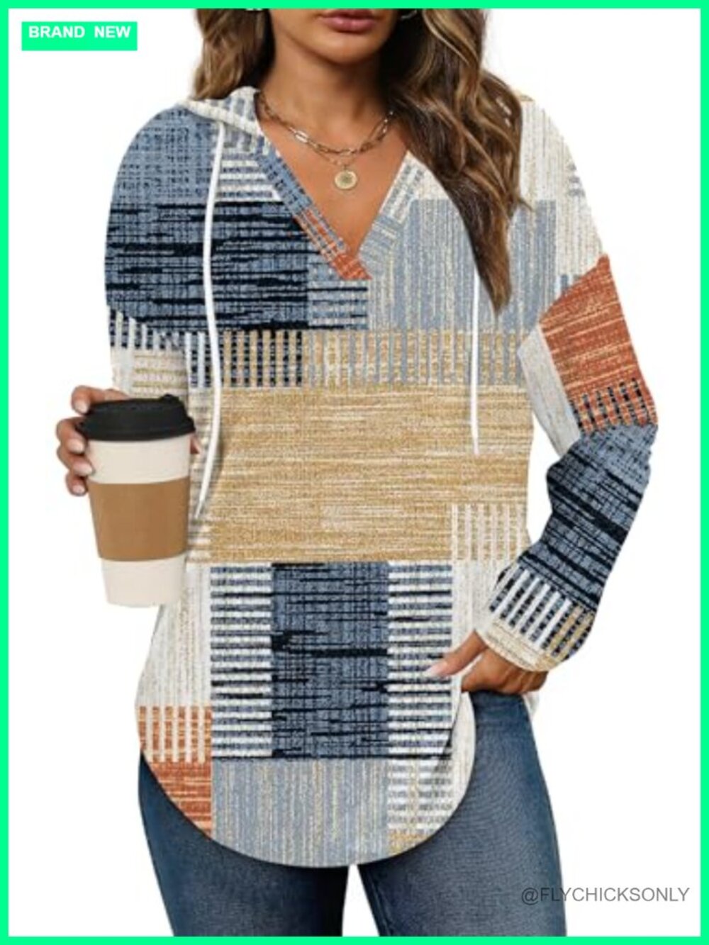 Soft Fleece Hoodie Sweatshirt V-Neck Long Sleeve Plaid Tunic Top